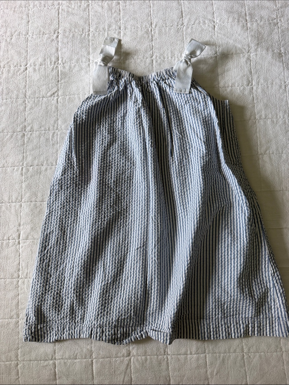 Lands Ends Girls Blue and White Seersucker Stripe Sundress